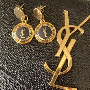 YSL black and gold button dangle earrings